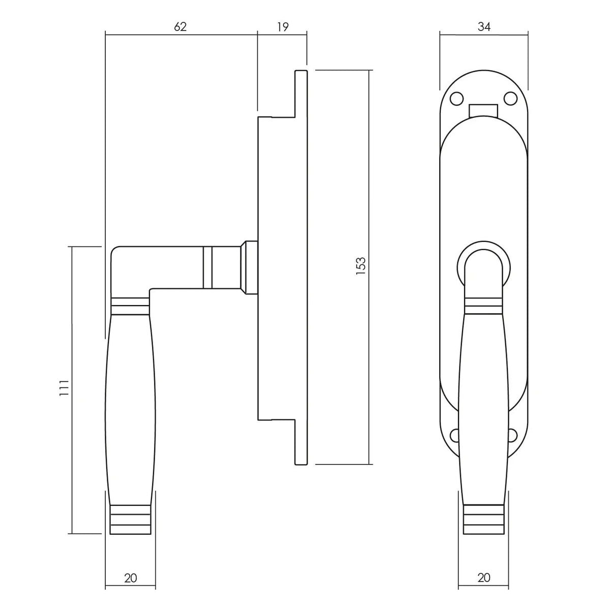 Intersteel kruk-espagnolet Ton 222 rechts nikkel/ebbenhout – detail