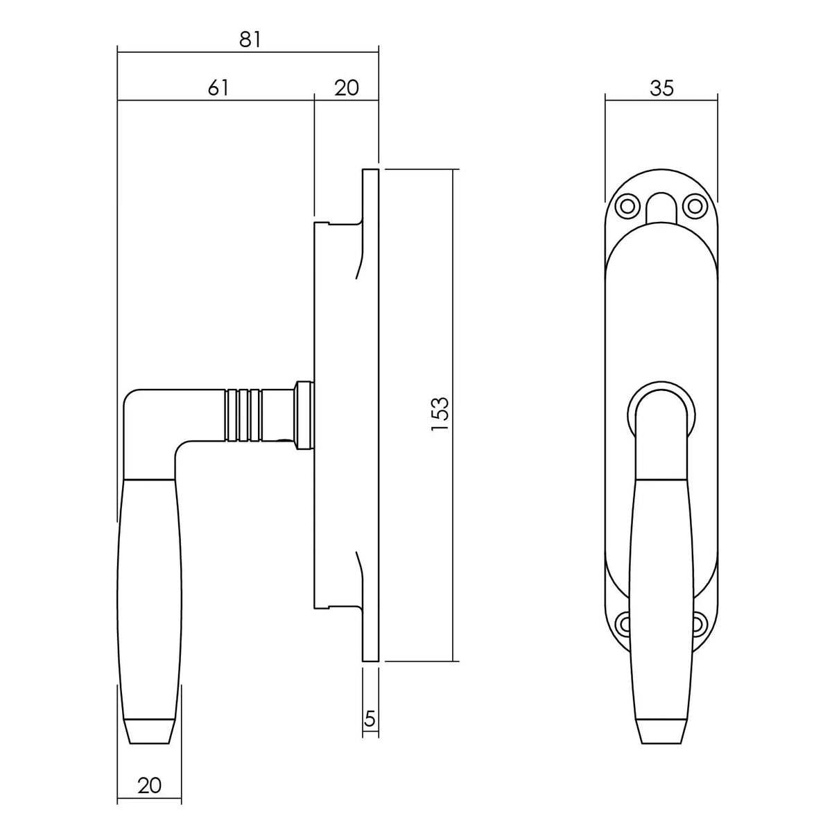 Intersteel kruk-espagnolet Ton 400 links nikkel/ebbenhout – detail