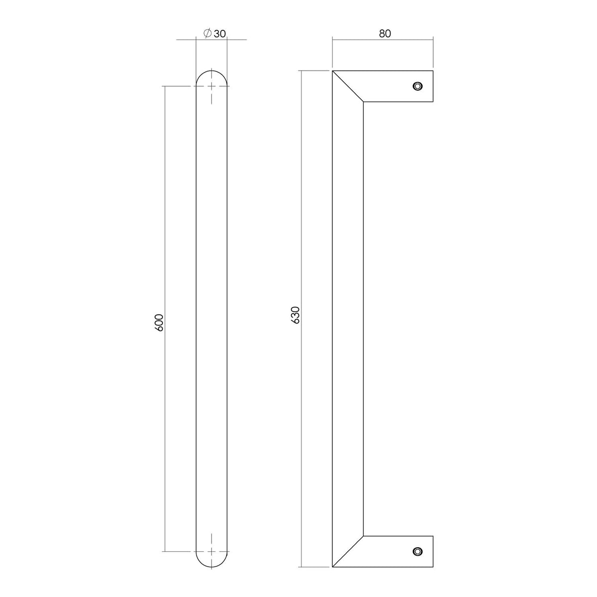 Intersteel Deurgreep per stuk recht-90° 630 mm RVS geborsteld – detail
