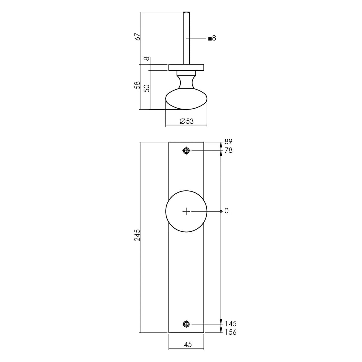 Intersteel knop op rechthoekig schild PVD messing – blinde uitvoering, detail