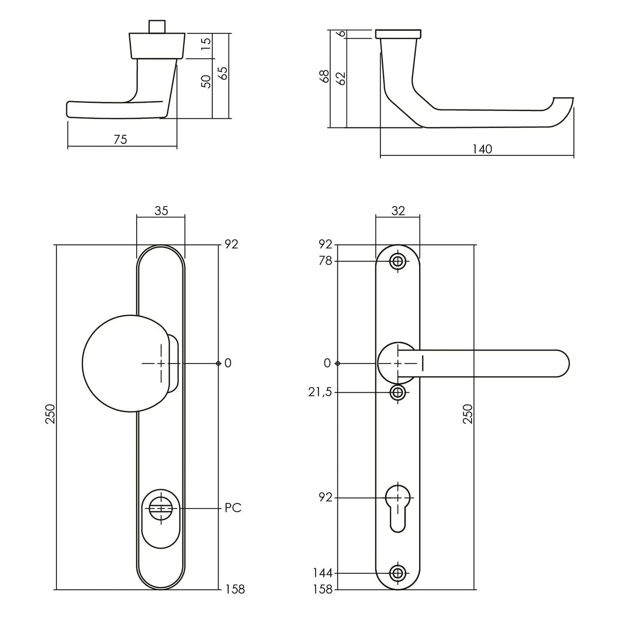 Intersteel veiligheidsbeslag PC92 greep/kruk SKG*** smal aluminium – detail