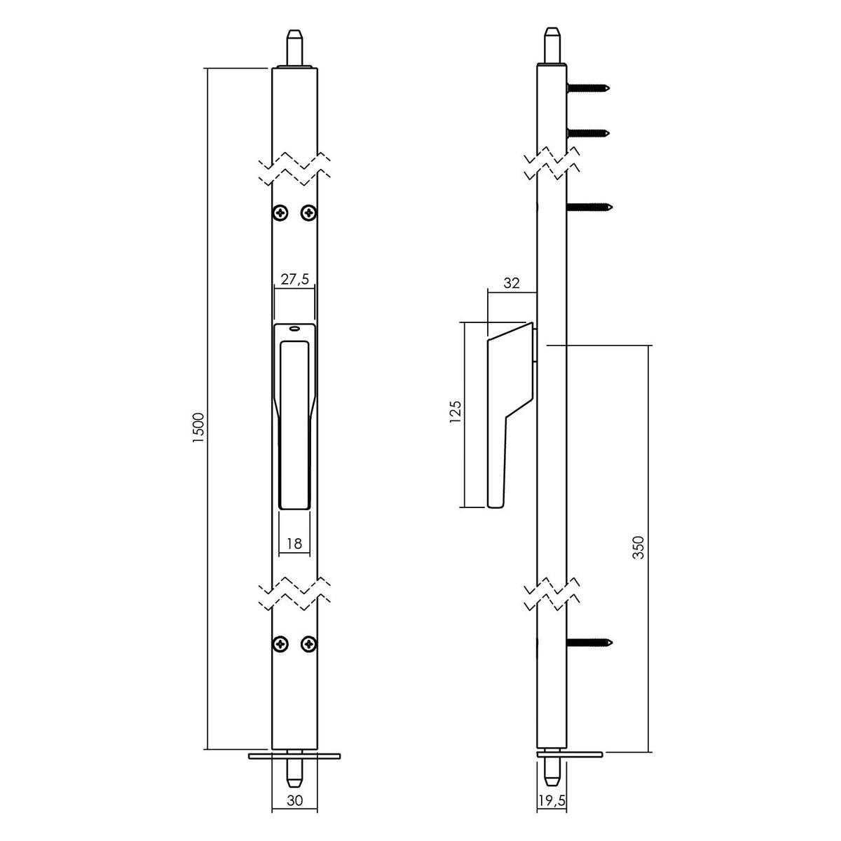Intersteel raamespagnolet niet-afsluitbaar rechts 1500 mm RAL 9010 wit detail
