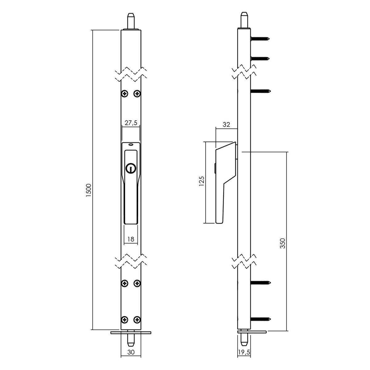 Intersteel raamespagnolet afsluitbaar links 1500 mm Aluminium (F1) – vooraanzicht