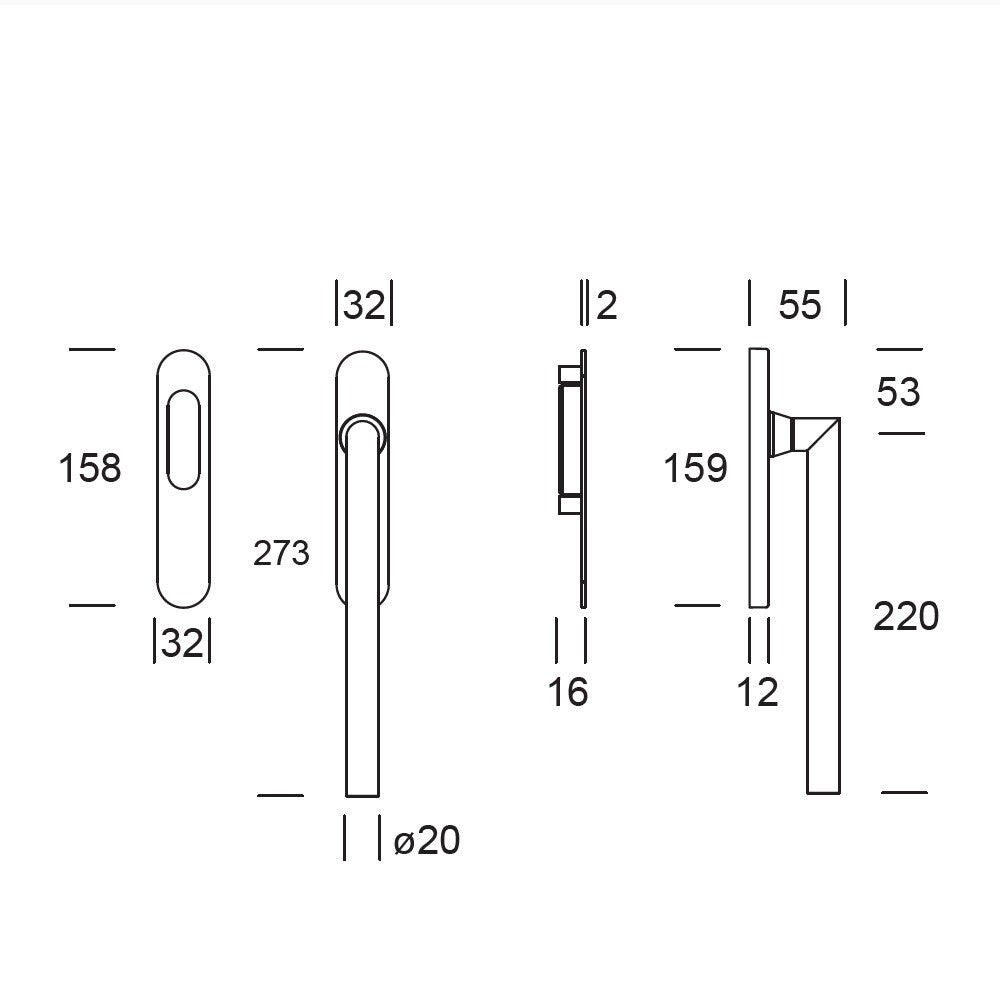 Hardbrass hefschuifdeurgreep Toledo B dubbel PC69 in Puur Zwart – technische tekening met maatvoering