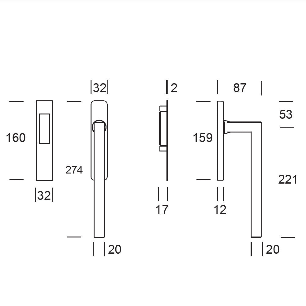Hardbrass hefschuifdeurgreep Geneve dubbel PC69 puur zwart – maattekening