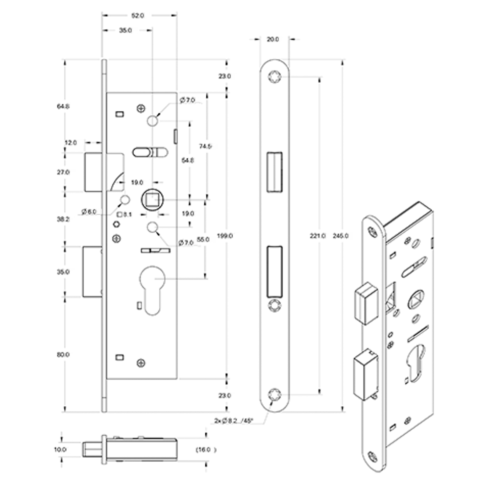 Mauer smaldeurslot 4445 cilinder zwart technische maattekening