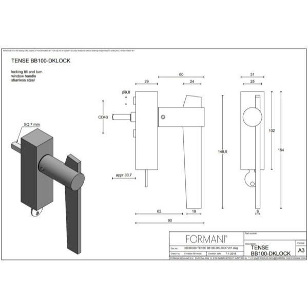Formani BB100-DKLOCK draaikiepgarnituur mat roestvast staal – detail