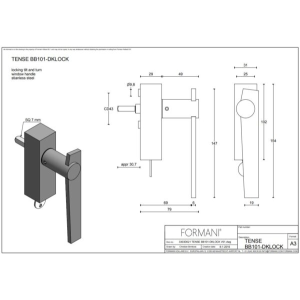 Formani BB101-DKLOCK draaikiepgarnituur mat zwart – detail