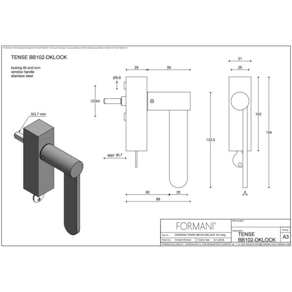 Formani BB102-DKLOCK draaikiepgarnituur mat roestvast staal – detail