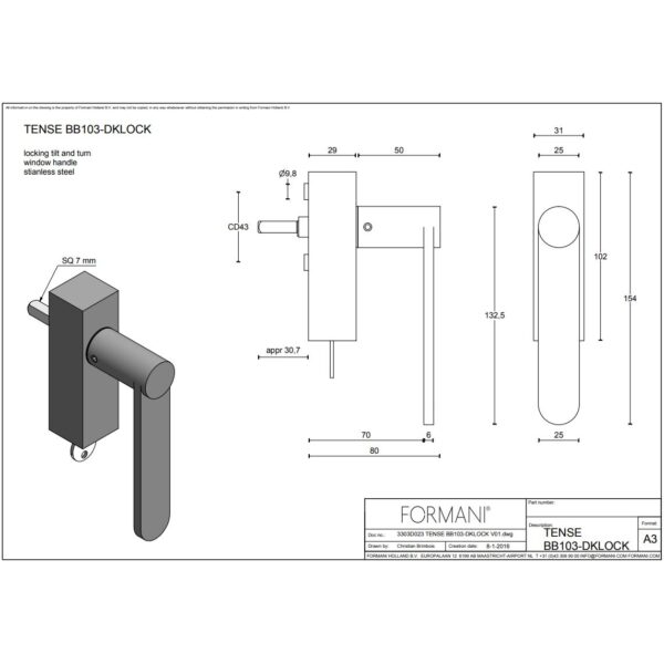 Formani BB103-DKLOCK draaikiepgarnituur brons – detail