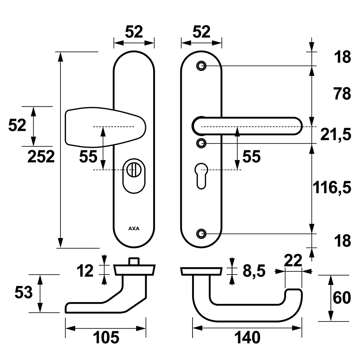 AXA | Veiligheidsbeslag Oval Plus Wing-knop+kruk U PC55 anti-kerntrek | Zwart