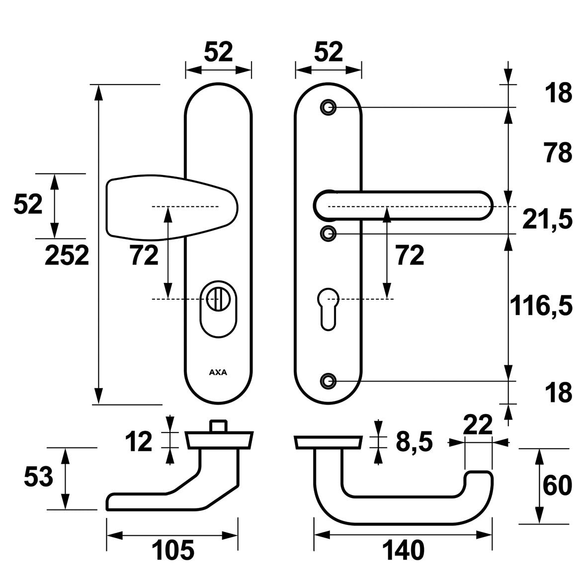 AXA | Veiligheidsbeslag Oval Plus Wing-knop+kruk U PC72 anti-kerntrek | Aluminium naturel