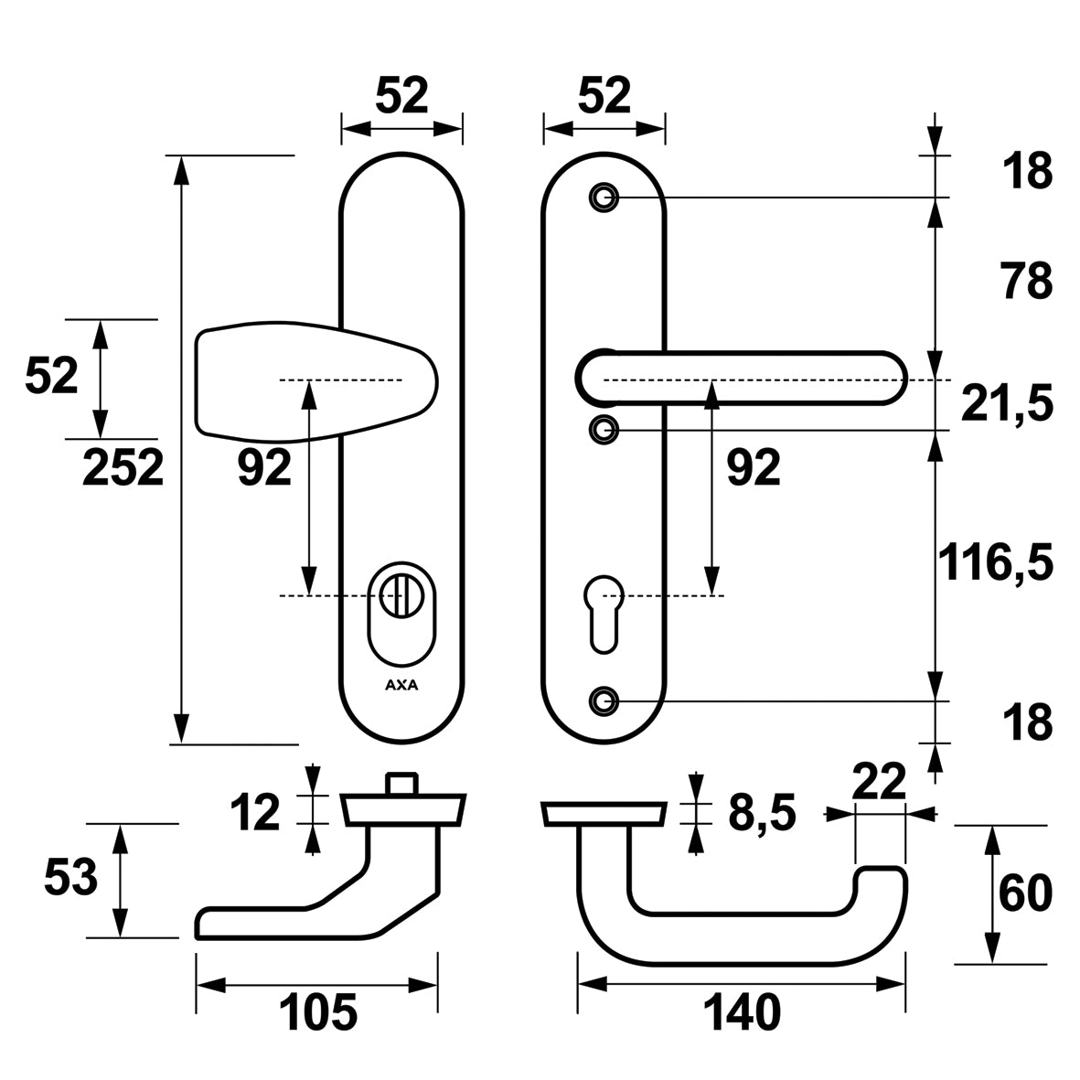 AXA | Veiligheidsbeslag Oval Plus Wing-knop+kruk U PC92 anti-kerntrek | Zwart