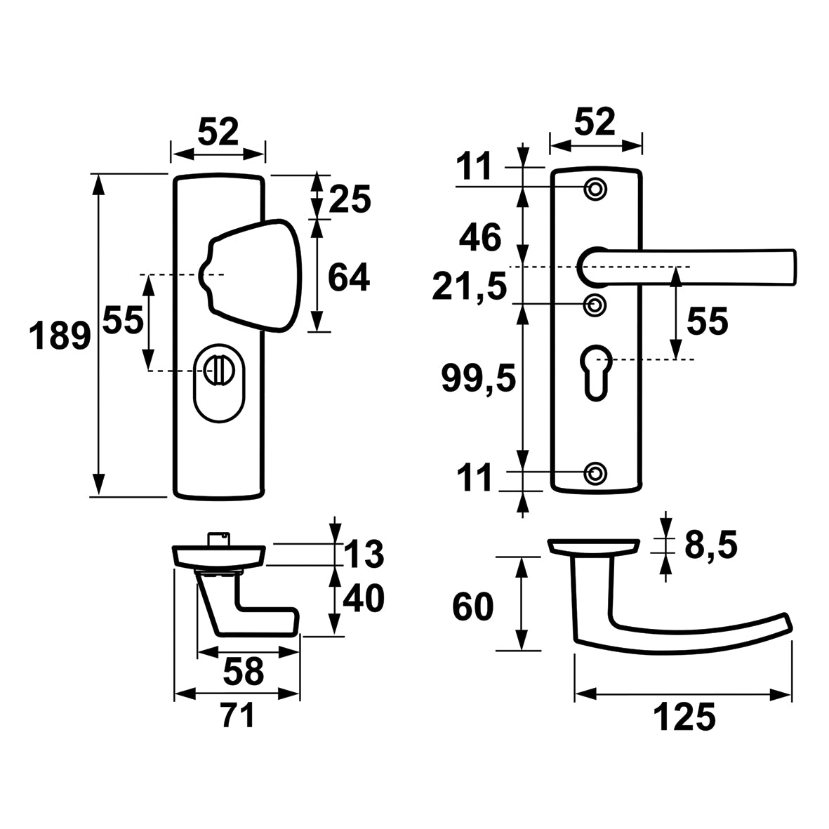AXA | Veiligheidsbeslag Curve Plus kort S-knop+kruk Blok PC55 anti-kerntrek | Inox