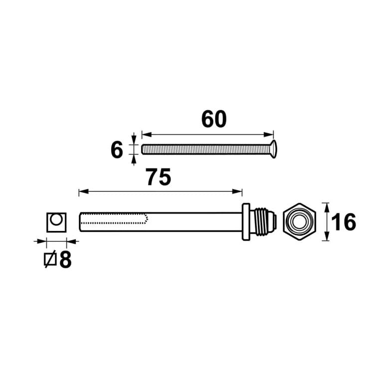 AXA verlengset wisselstift 75 mm met boutenset M6x60 RVS technische tekening met maatvoering