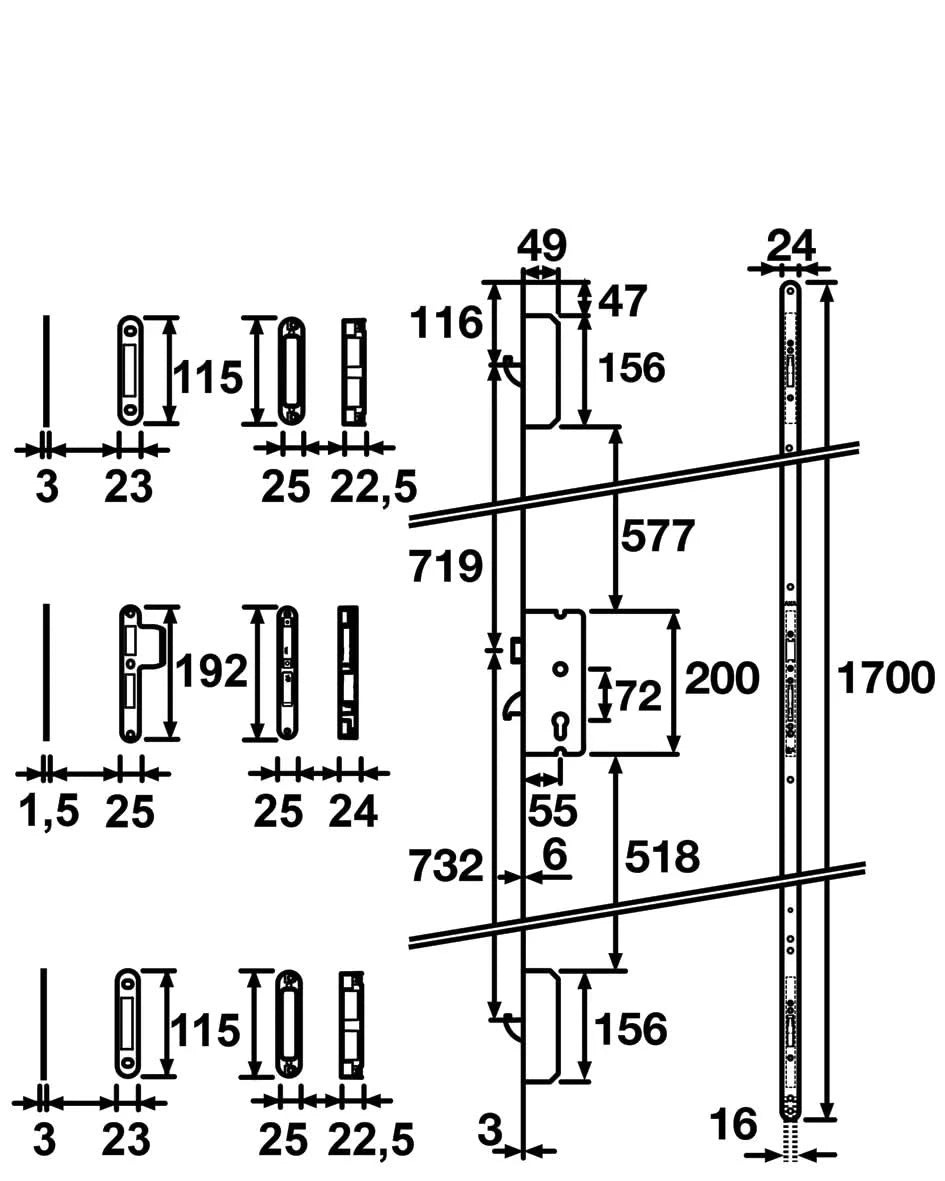 AXA meerpuntssluiting Solid C 1700×24 staal cilinderbediend — technische tekening met maatvoering